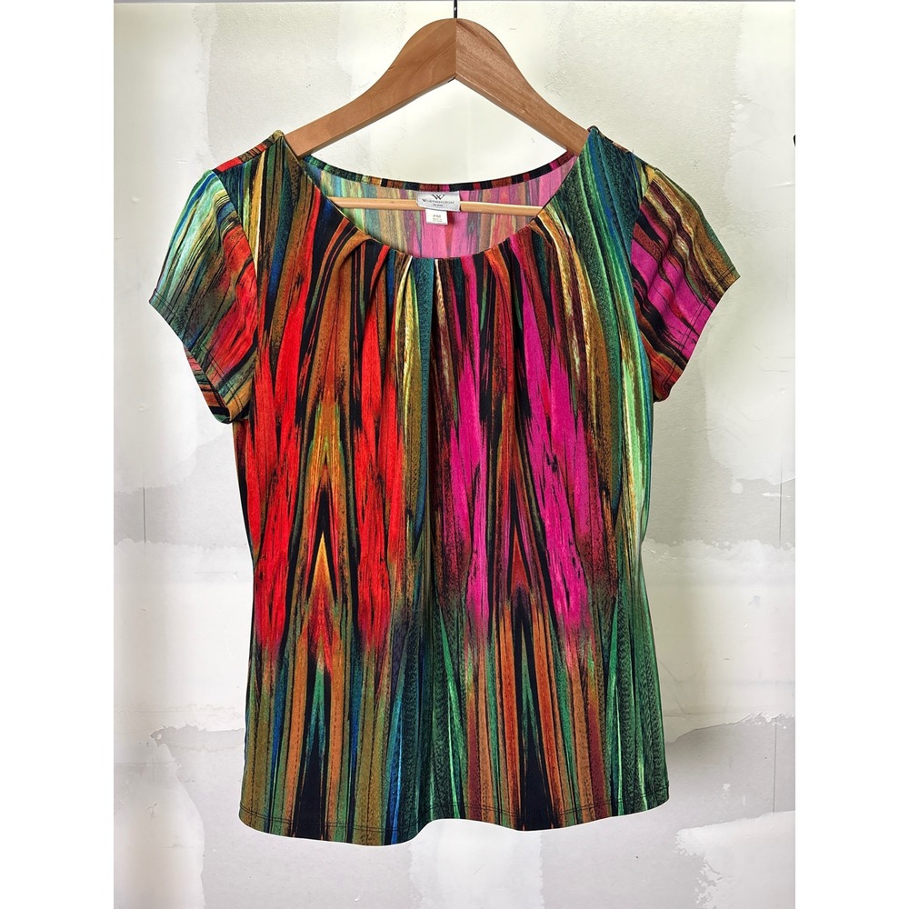 Worthington Womens Short Sleeve Abstract Ikat Pleated Scoop Neck Blouse Multi PM